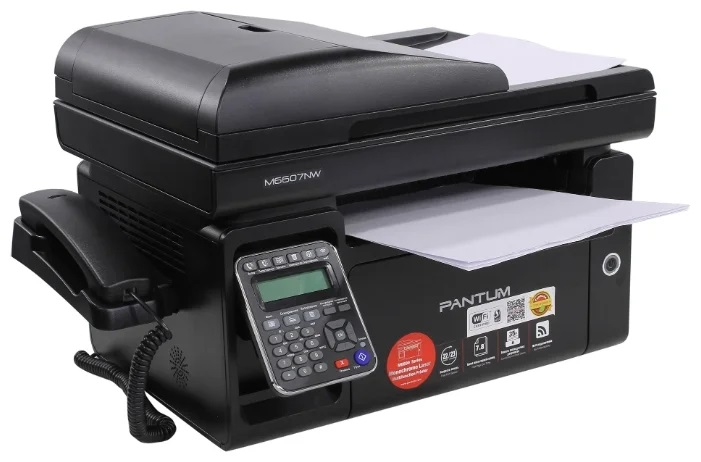 Pantum M6607NW, P/C/S/F (with handset), Mono laser, А4, 22 ppm (max 20000 p/mon), 600 MHz, 1200x1200 dpi, 256 MB RAM, ADF35, paper tray 150 pages, USB, LAN, WiFi, start. cartridge 1600 pages