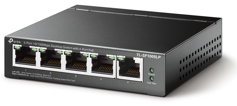 TP-Link TL-SF1005LP, 5-Port 10/100 Mbps Desktop Switch with 4-Port PoE, 41 W, 250m