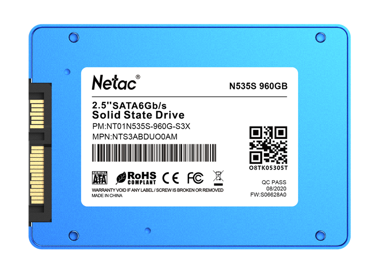 Netac SSD N535S 960GB 2.5 SATAIII 3D NAND, 7mm, R/W up to 560/520MB/s, TBW 560TB, 5y wty арт. NT01N535S-960G-S3X