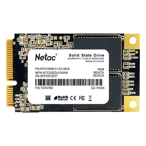 SSD накопитель Netac SSD N5M 512GB mSATA SATAIII 3D NAND, R/W up to 540/490MB/s, TBW 280TB, 3y wty
