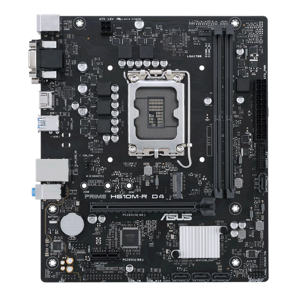 Материнская плата ASUS PRIME H610M-R D4-SI, LGA1700, H610, 2*DDR4, 4*SATA, 1*M.2, 4*USB 3.2, 1*PCIx16, 1*PCIx1, VGA+HDMI+DVI-D, mATX; 90MB1B40-M0ECY0