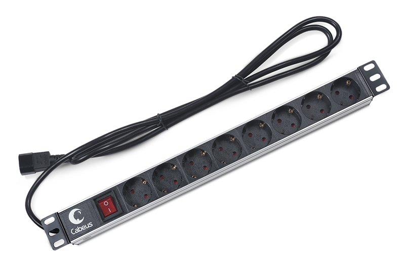 Блок розеток Cabeus PDU-8P-2IEC Блок евророзеток для 19" шкафов, гориз., 8 розеток, 10 A, выключатель, алюминиевый корпус, шнур 2 м, вилка IEC 320 C14