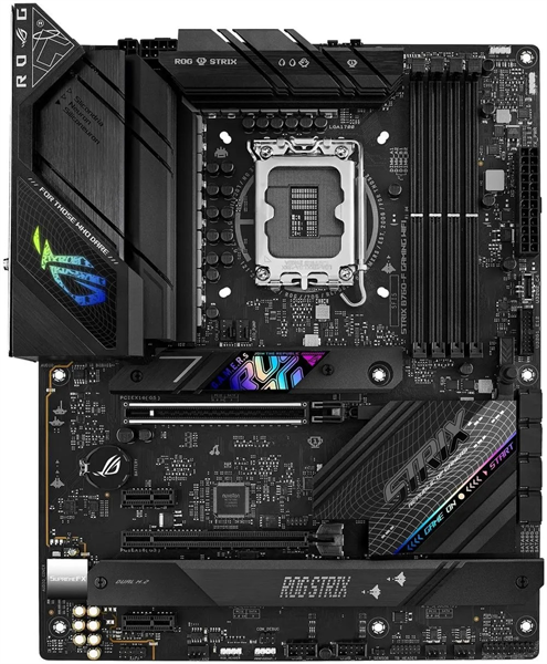 ASUS ROG STRIX B760-F GAMING WIFI (Socket 1700, ATX, 4xDDR5(192GB), DP/HDMI 2.1, 1xPCIe 5.0x16/1xPCIe 3.0x16/2xPCIe 3.0, 1xLAN (2.5GbE), Wi-Fi, BT, 4xSATA 6Gb/s, 3xM.2, 1xType-C, 7xUSB 3.2)