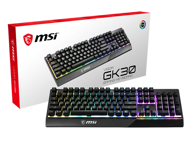 Gaming Keyboard MSI VIGOR GK30, Wired, Mechanical-like plunger switches. 6 zones RGB lighting with several lighting effects.  Anti-ghosting Capability. Water Resistant (spill-proof), Black