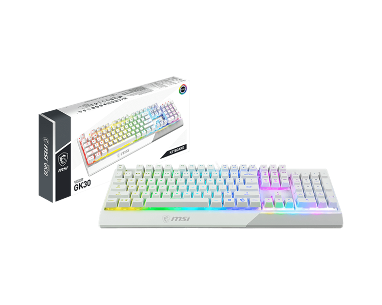 клавиатура проводная Gaming Keyboard MSI VIGOR GK30, Wired, Mechanical-like plunger switches. 6 zones RGB lighting with several lighting effects.  Anti-ghosting Capability. Water Resistant (spill-proof), White