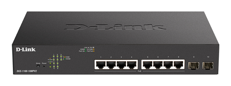 коммутатор D-Link Настраиваемый L2 PoE-коммутатор, 8х1000Base-T PoE, 2x1000Base-X SFP, PoE-бюджет 130 Вт