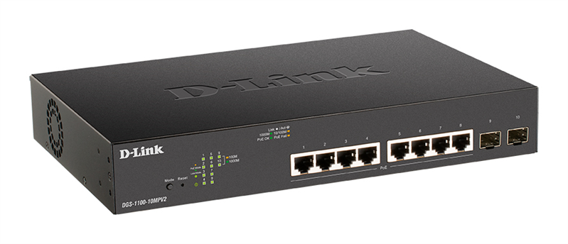 коммутатор D-Link Настраиваемый L2 PoE-коммутатор, 8х1000Base-T PoE, 2x1000Base-X SFP, PoE-бюджет 130 Вт