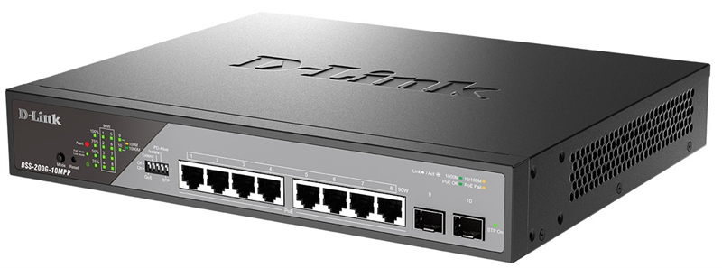 D-Link Настраиваемый L2 PoE-коммутатор, 8x1000Base-T PoE 802.3bt 90 Вт, 2x1000Base-X SFP, PoE-бюджет 242 Вт, дальность PoE до 250 м