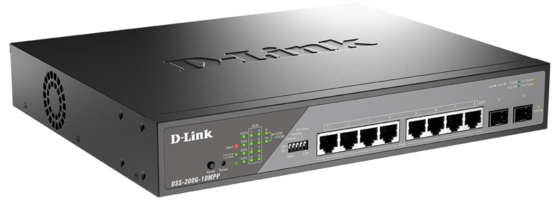D-Link Настраиваемый L2 PoE-коммутатор, 8x1000Base-T PoE 802.3bt 90 Вт, 2x1000Base-X SFP, PoE-бюджет 242 Вт, дальность PoE до 250 м