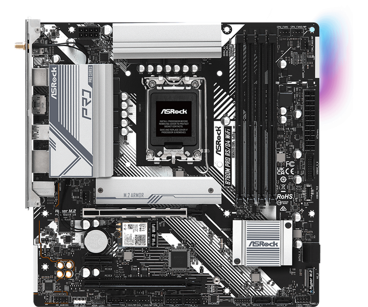 ASROCK B760M PRO RS/D4 WIFI, LGA1700, B760, 4*DDR4,  4*SATA, 2*M.2, 3*USB 3.2, 2*USB 2.0, Type-C, 2*PCIx16, 1*PCIx1, 1*M.2 (Key E), HDMI+DP, mATX