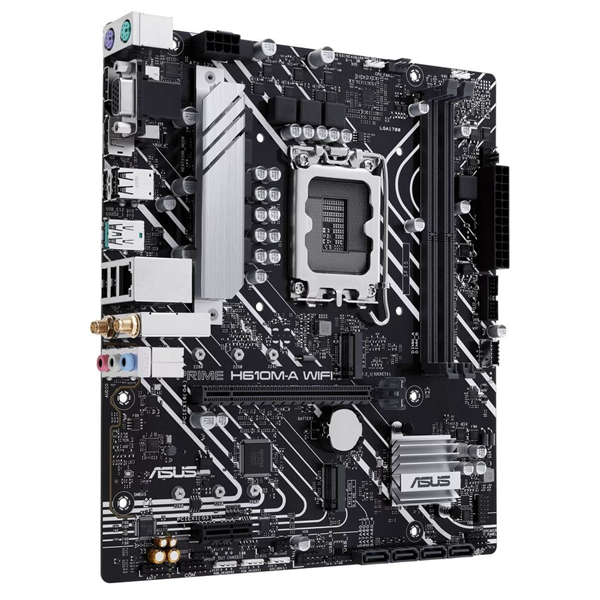 ASUS PRIME H610M-A WIFI (Socket 1700, mATX, 2xDDR5(96GB), VGA/DP/HDMI, 1xPCIe 4.0x16/1xPCIe 3.0, 1xLAN, Wi-Fi, BT, 4xSATA 6Gb/s, 2xM.2, 1xUSB 3.2, 4xUSB 2.0, 2xPS/2)