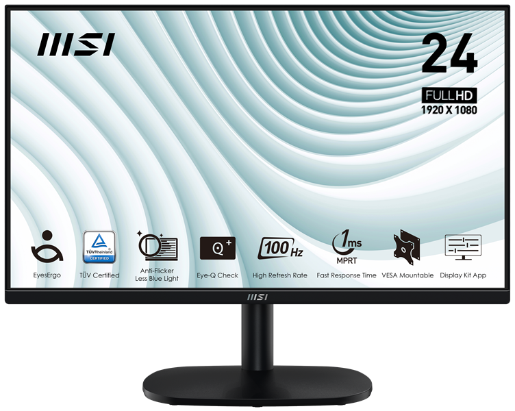 MSI PRO MP245V 23,8" 16:9 FHD(1920x1080) VA Flat,1ms(MPRT),4000:1,100M:1,300nit,178/178,HDMI 1.4,VGA(D-Sub),Tilt,VESA,100Hz,Black,1y war-ty