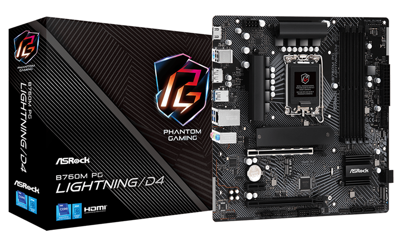 ASROCK B760M PG LIGHTNING/D4, LGA1700, B760, 4*DDR4, 4*SATA, 3*M.2, 3*USB 3.2, 2*USB 2.0, Type-C, 2*PCIx16, 1*M.2 (Key E), HDMI+DP, mATX