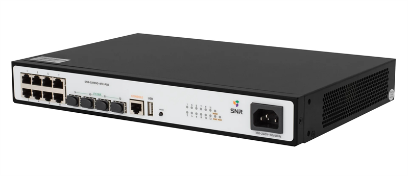 SNR SNR-S2989G-8TX-POE Управляемый PoE коммутатор уровня 2+, 8 портов 10/100/1000Base-T, 4 порта 1/10G SFP+, бюджет PoE 125 Вт, встроенный БП ~220V AC