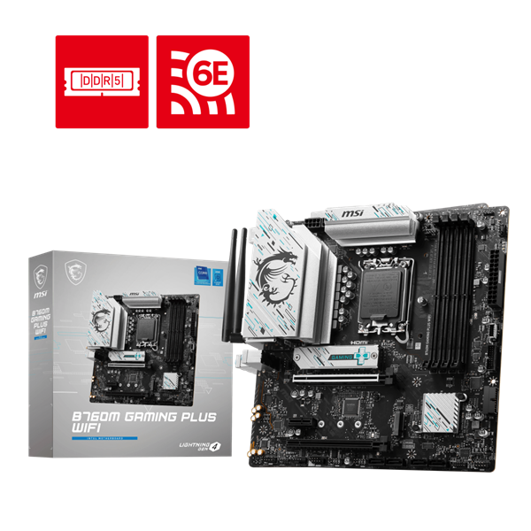 Материнская плата MSI B760M GAMING PLUS WIFI,B760,LGA1700,4DDR5,2PCI-Ex16,1PCI-Ex1,2M.2,4SATA3,2USB3.2 Gen2,7US