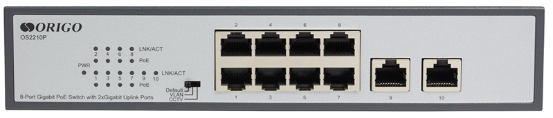 Коммутатор ORIGO Неуправляемый PoE-коммутатор, 8x1000Base-T PoE, 2x1000Base-T, PoE-бюджет 120 Вт, PoE до 250 м, комплект для установки в 19" стойку