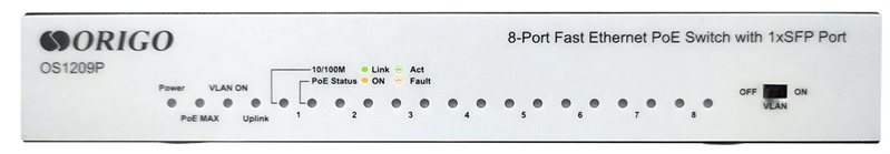 ORIGO Неуправляемый PoE-коммутатор, 8x100Base-TX PoE, 1x1000Base-X SFP, PoE-бюджет 80 Вт, корпус металл арт. OS1209P/80W/A1A