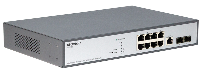 ORIGO Управляемый L2 коммутатор, 8x1000Base-T, 2x1000Base-X SFP, консольный порт RJ-45, комплект для установки в 19" стойку арт. OS3110/A1A