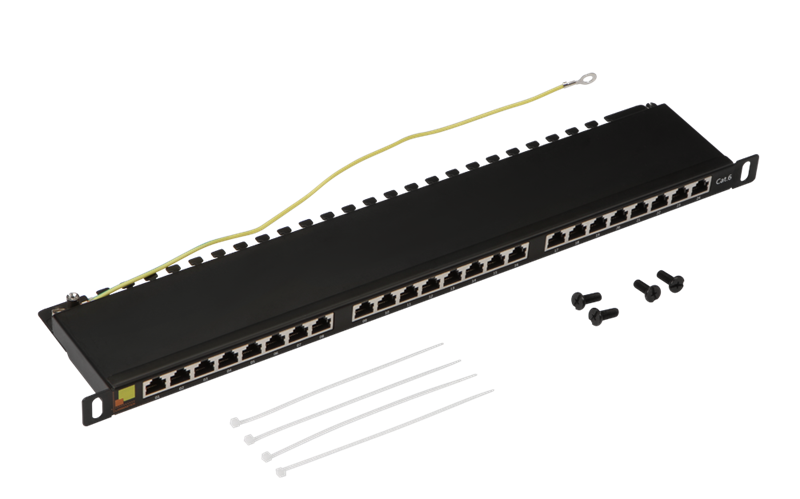 Патч-панель Патч-панель 19 компактная, экранированная, 24 порта RJ45, кат.6, 0.5U, с задним органайзером