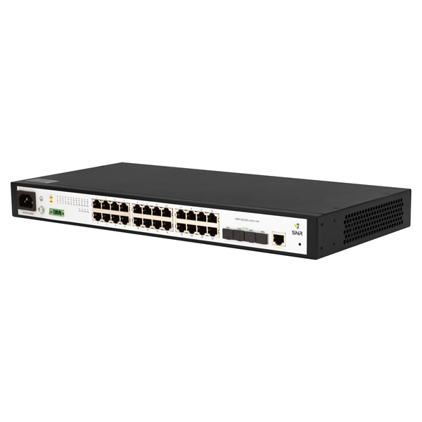 SNR Управляемый коммутатор уровня 2+, 24 порта 10/100/1000Base-T, 4 порта 1/10G SFP+, встроенный БП ~220V AC, разъем для АКБ 12V с возможностью заряда арт. SNR-S5210G-24TX-UPS