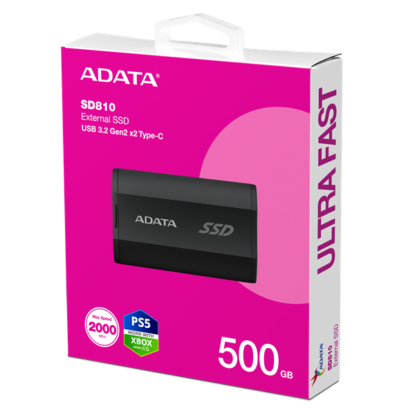 External SSD ADATA 500GB USB 3.2 Gen 2x2 Type-C R2000/W2000MB/s 3D NAND COLOR BOX black арт. SD810-500G-CBK