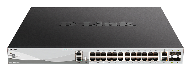 D-Link DGS-3130-30PS/B2A PROJ Управляемый L3 стекируемый коммутатор с 24 портами 10/100/1000Base-T, 2 портами 10GBase-T и 4 портами 10GBase-X SFP+ (24 порта PoE 802.3af/at, PoE-бюджет 370 Вт)