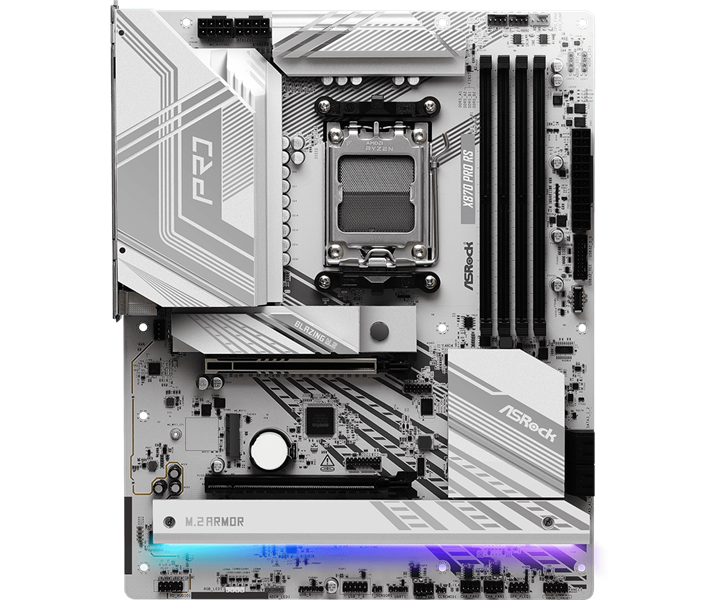 Материнская плата ASROCK X870 PRO RS, AM5, X870, 4*DDR5, 4*SATA, 3*M.2, 6*USB 2.0, 4*USB 3.2, Type-C, 2*PCIx16, 1*M.2 (Key E), HDMI, ATX