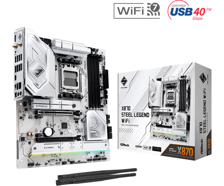 Материнская плата ASROCK X870 STEEL LEGEND WIFI, AM5, X870, 4*DDR5, 4*SATA, 3*M.2, 4*USB 2.0, 5*USB 3.2, 2*Type-C, 2*PCIx16, 1*M.2 (Key E), HDMI, ATX