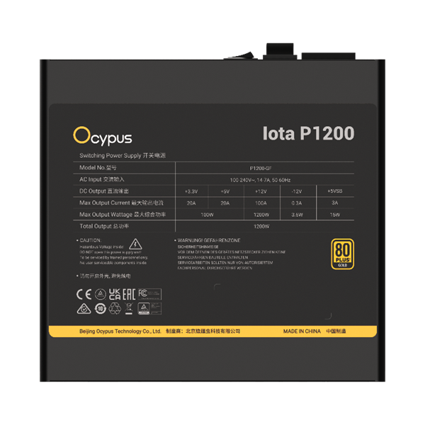 Ocypus Iota P1200, 1200W, APFC, 80+ Gold, ATX 3.1, Fully Modular, 120mm Fan (P1200-GF)