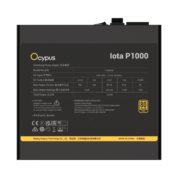 Ocypus Iota P1000, 1000W, APFC, 80+ Gold, ATX 3.1, Fully Modular, 120mm Fan (P1000-GF)