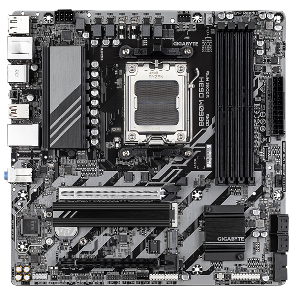 Материнская плата GIGABYTE B850M DS3H, AM5, B850, 4*DDR5, 4*SATA, 2*M.2, 3*USB 3.2, 4*USB 2.0, Type-C, 1*PCIx16, 1*PCIx1, 2*DP+HDMI, mATX