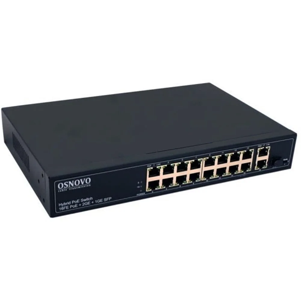 PoE Коммутатор OSNOVO SW-61621(300W) PoE коммутатор Fast Ethernet на 16 x RJ45 PoE + 2 x RJ45 GE + 1 SFP GE порта. Порты: 2 x FE (10/100Base-T) с PoE (до 60W, A+B) + 14x FE (10/100Base-T) с PoE (до 30W) , 2 x GE Upl