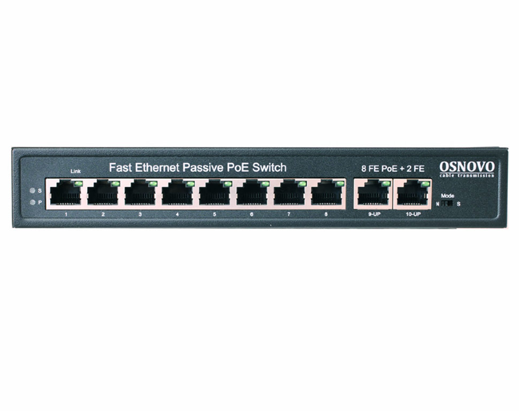 PoE Коммутатор OSNOVO SW-21000/A(120W) Passive PoE коммутатор Fast Ethernet на 10 портов. Порты: 8 х FE (10/100 Base-T, 52V 4,5(+) 7,8(–)) совместимы с PoE (IEEE 802.3af/at), 2 x FE (10/100 Base-T) Uplink. Совместим