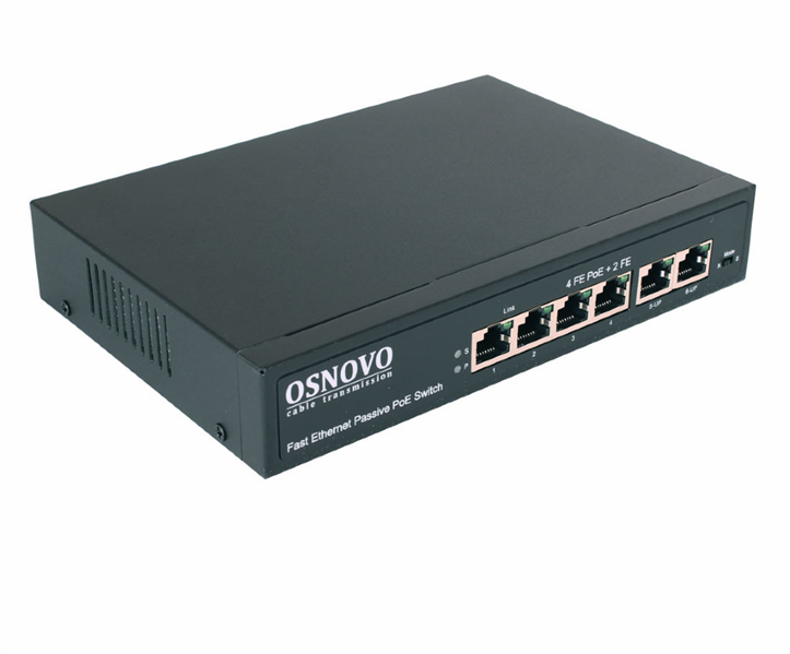 Коммутатор/ OSNOVO Passive PoE коммутатор 6 портов, 4 PoE порта 10/100 Base-T, 2*10/100 Base-T Uplink, до 30W на порт (SW-20600/A(80W))