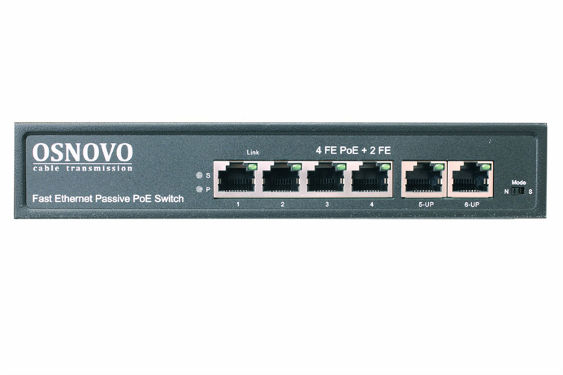 Коммутатор/ OSNOVO Passive PoE коммутатор 6 портов, 4 PoE порта 10/100 Base-T, 2*10/100 Base-T Uplink, до 30W на порт (SW-20600/A(80W))