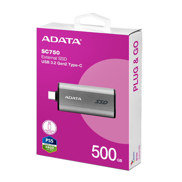 External SSD ADATA 500GB USB 3.2 Gen 2x2 Type-C R1050/W1000MB/s 3D NAND COLOR BOX gray арт. SC750-500G-CCBK