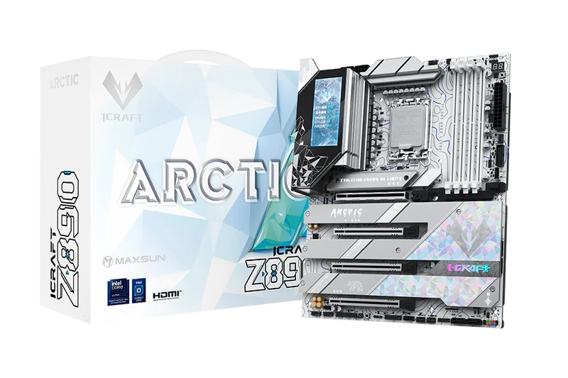 MAXSUN MS-iCraft Z890 ARCTIC (Socket 1851, ATX, 4*DDR5(256Gb), DP/HDMI, 4*SATA3, 4*M.2, 4xPCI-Ex16, 2*Type-C, 9*USB 3.1, LAN 1*5G, BT 5.4, Wi-Fi 7, SPDIF, white, RTL)