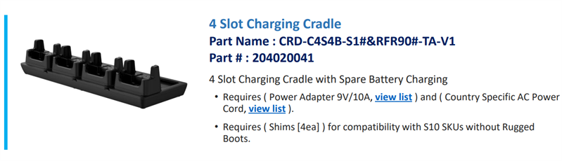 Bluebird ASSY: S10 (CRD-S1X-4SC-T1) 4-slot cradle; 4 Slot Device, 4 Slot Spare Battery, 4 Slot RFR900/901, Requires PWR-ADPT-9V10A-TA-V1 and Country Specific AC Power Cord арт. 204020041