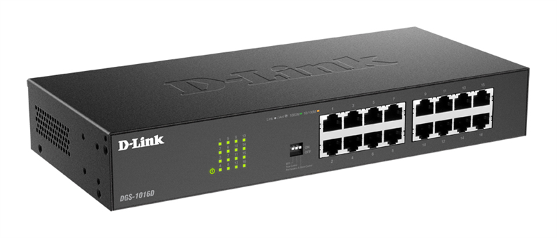 D-Link Неуправляемый коммутатор, 16x1000Base-T, DIP-переключатель, защита от статического электричества до 1 кВ