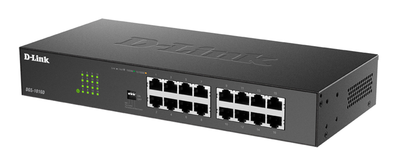 D-Link Неуправляемый коммутатор, 16x1000Base-T, DIP-переключатель, защита от статического электричества до 1 кВ