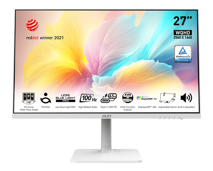 MSI Modern MD272QXPW 27" 16:9 WQHD(2560x1440) IPS Flat,1ms(MPRT),HDR 400,1000:1,100M:1,400nit,HDMI,DP,2xUSB Type-A,USB Type-B,USB Type-C,Speaker,Tilt,Swivel,Height,Pivot,100Hz,White(white cable),1y арт. 9S6-3PB19H-299