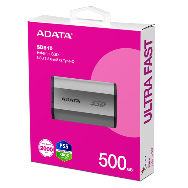 External SSD ADATA 500GB USB 3.2 Gen 2x2 Type-C R2000/W2000MB/s 3D NAND COLOR BOX silver арт. SD810-500G-CSG