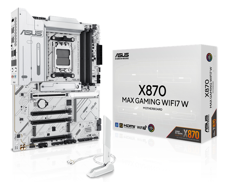 ASUS X870 MAX GAMING WIFI7 W, AM5, X870, 4*DDR5,  4*SATA, 3*M.2, 4*USB 3.2, 4*USB 2.0, 2*Type-C, 5*PCIx16, HDMI, ATX; 90MB1LZ0-M0EAY0