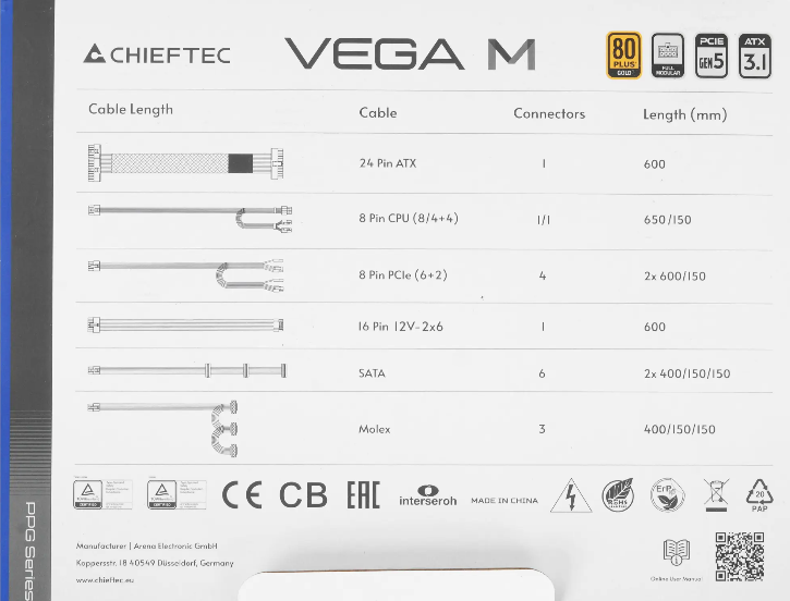 Chieftec Vega M PPG-850-C (ATX 3.1, 850W, 80 PLUS GOLD, Active PFC, 135mm fan, Gen5 PCIe, Full Cable Management) Retail
