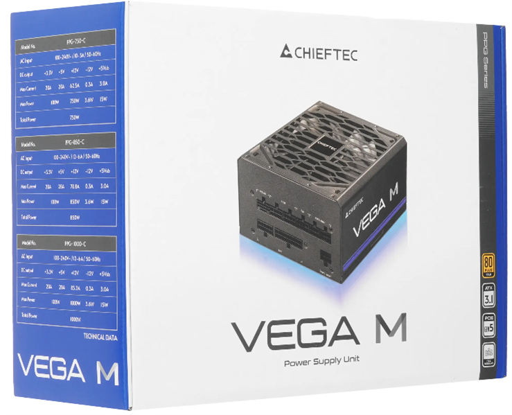 Chieftec Vega M PPG-850-C (ATX 3.1, 850W, 80 PLUS GOLD, Active PFC, 135mm fan, Gen5 PCIe, Full Cable Management) Retail