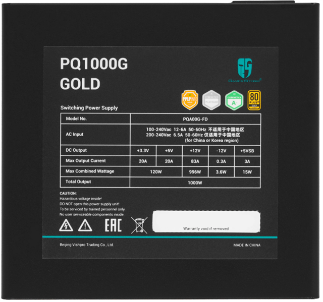 Deepcool GAMERSTORM PQ1000G (ATX 3.1, 1000W, Full Cable Management, PWM 120mm fan, 80+ GOLD, Active PFC + Half Bridge + DC/DC, Full Japanese Capasitors, Gen5 PCIe) RET (R-PQA00G-FD0B-WGEU-V1)