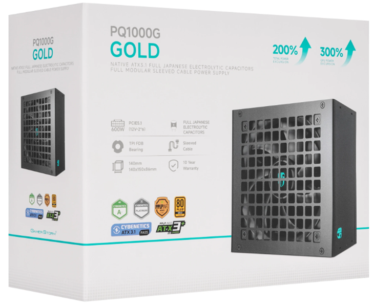 Deepcool GAMERSTORM PQ1000G (ATX 3.1, 1000W, Full Cable Management, PWM 120mm fan, 80+ GOLD, Active PFC + Half Bridge + DC/DC, Full Japanese Capasitors, Gen5 PCIe) RET (R-PQA00G-FD0B-WGEU-V1)