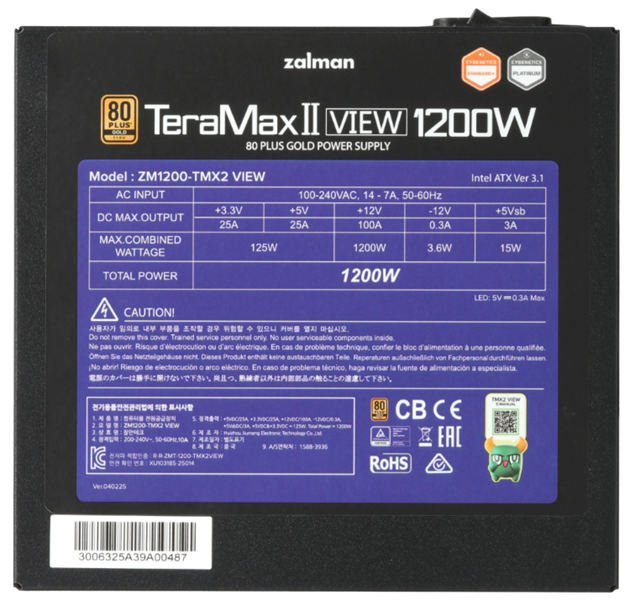 Zalman ZM1200-TMX2 VIEW, 1200W, ATX12V v3.0, APFC, 12cm Fan, 80+ Gold Gen5, Full Modular, side ARGB lights, Retail