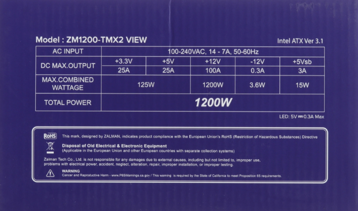 Zalman ZM1200-TMX2 VIEW, 1200W, ATX12V v3.0, APFC, 12cm Fan, 80+ Gold Gen5, Full Modular, side ARGB lights, Retail