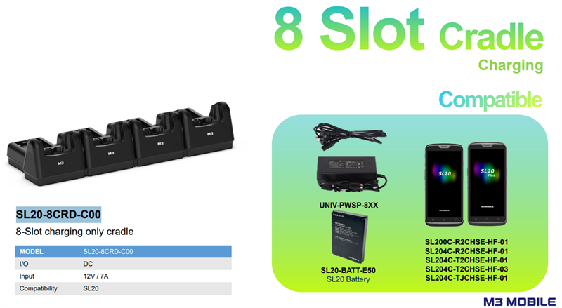 M3 Mobile ASSY: SL20 8 slot charge only cradle for 4xdevice 4xspare battery. Requires power supply (UNIV-PWSP-8XX; sold separately)